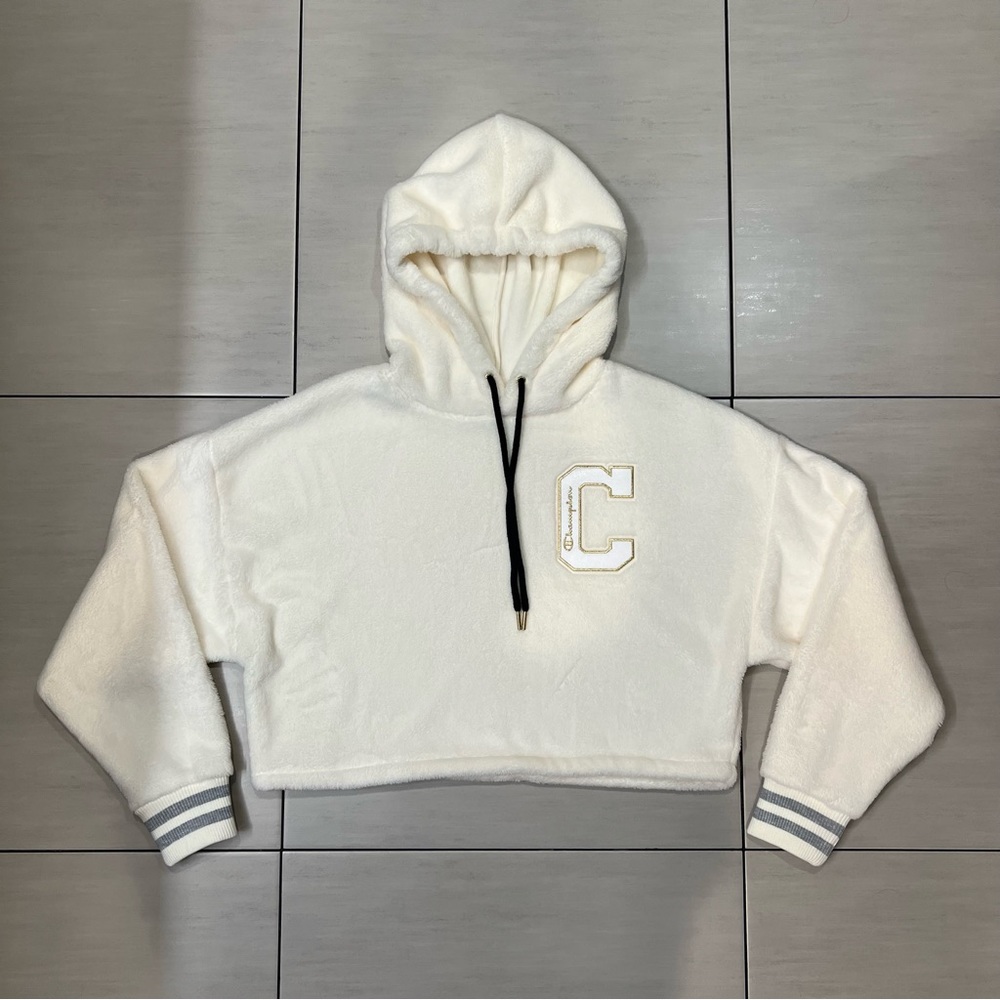 Champion Rare Super Fleece Faux Fur Cropped Pullover Hoodie Size Small